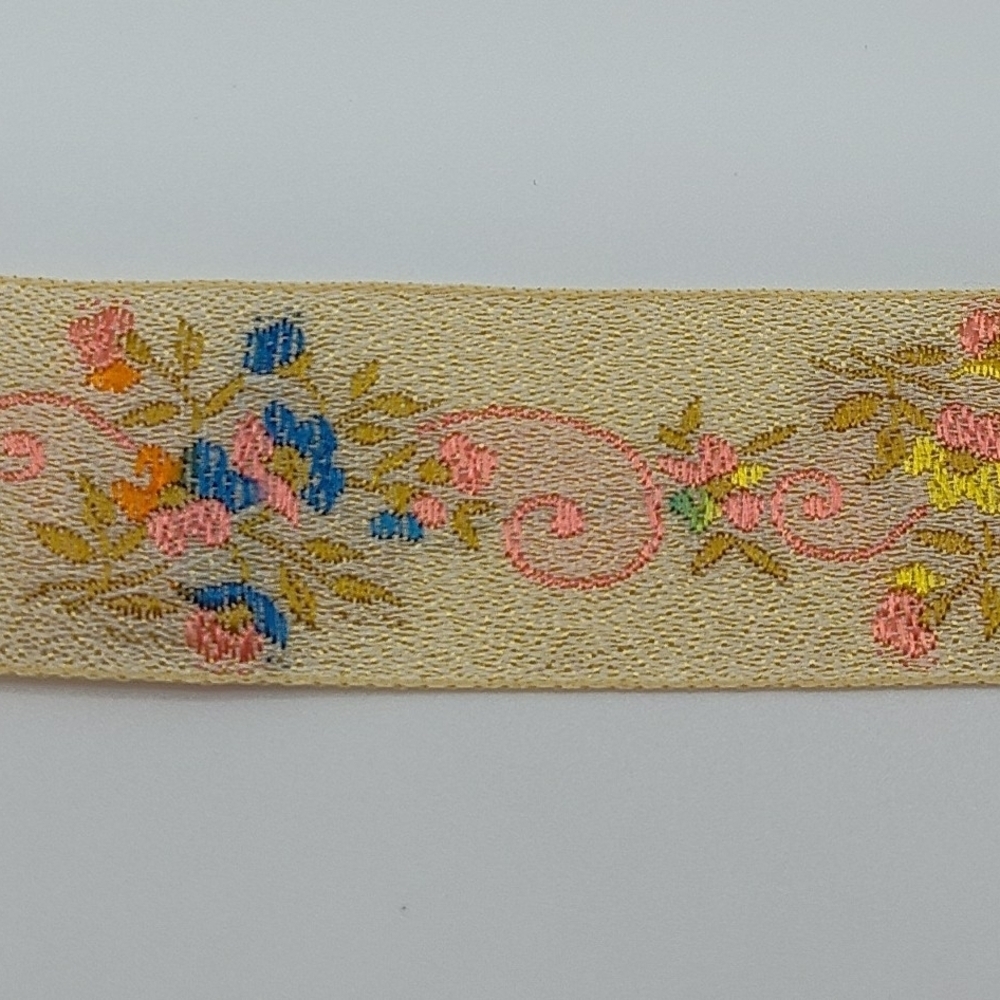 Vintage Japanese Jacquard Floral Ribbon Trim Ivory Gold Three (3) Yards - Picture 5 of 8